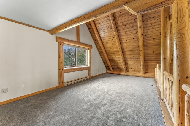 bonus room with light carpet, wooden ceiling, baseboard heating, and lofted ceiling with beams