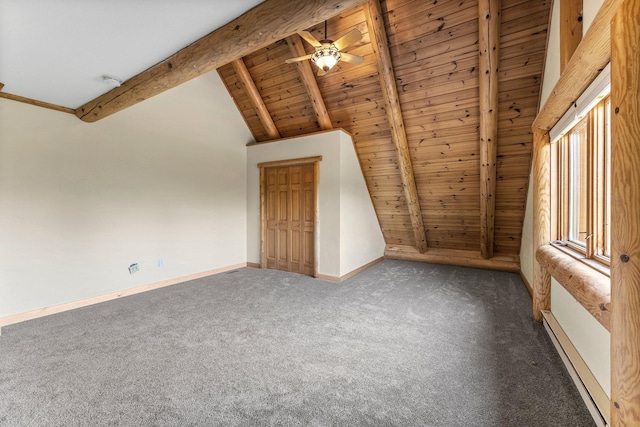 bonus room featuring ceiling fan, wooden ceiling, dark carpet, and lofted ceiling with beams