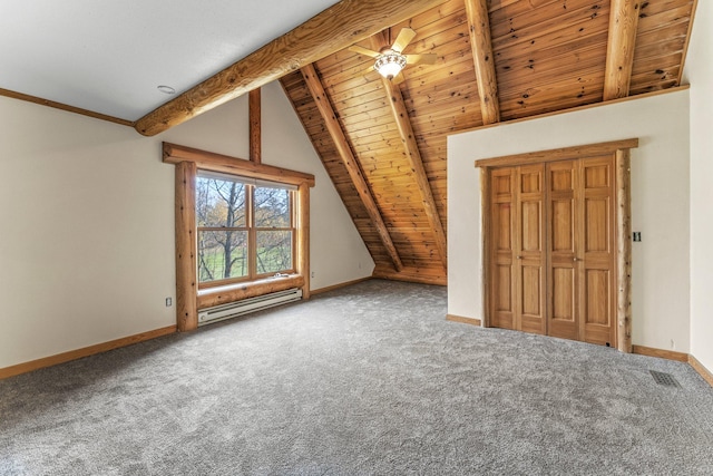 bonus room featuring a baseboard radiator, carpet, lofted ceiling with beams, and wood ceiling