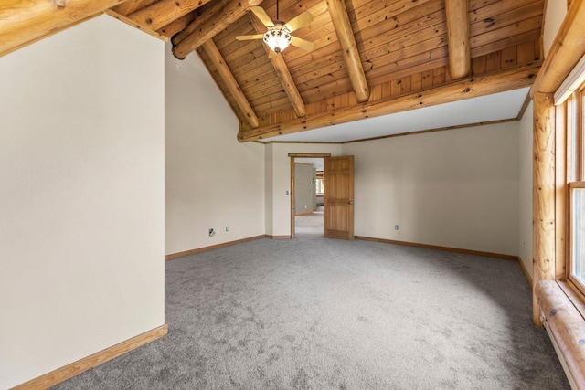 unfurnished living room featuring carpet floors, lofted ceiling with beams, ceiling fan, and wooden ceiling