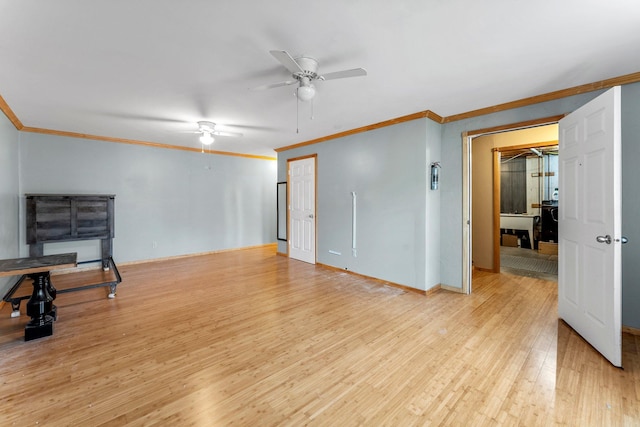 living room with ceiling fan, light wood-type flooring, and crown molding