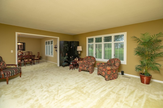 sitting room featuring light carpet