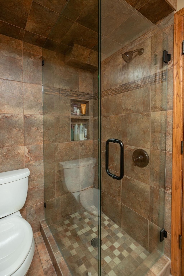 bathroom featuring toilet and a shower with shower door