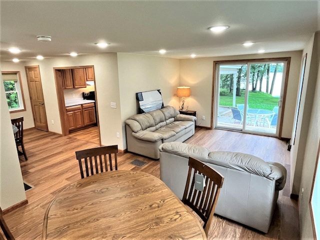 living room with light hardwood / wood-style floors and a healthy amount of sunlight