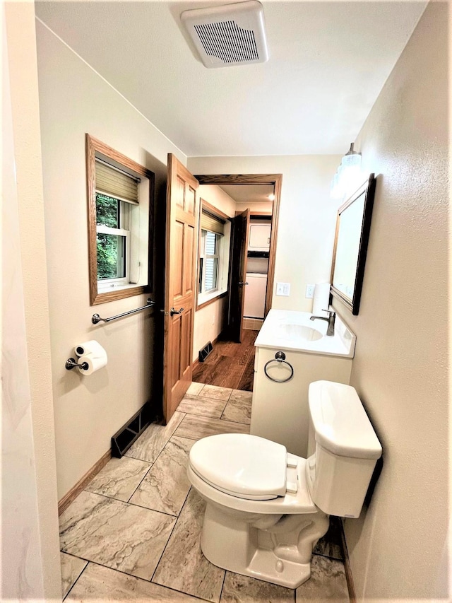 bathroom with toilet, vanity, and wood-type flooring