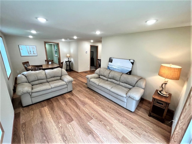 living area with recessed lighting and wood finished floors