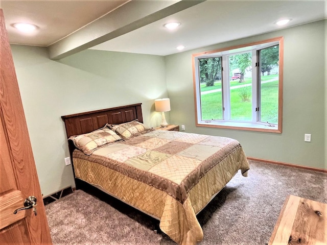 bedroom featuring carpet, baseboards, and recessed lighting