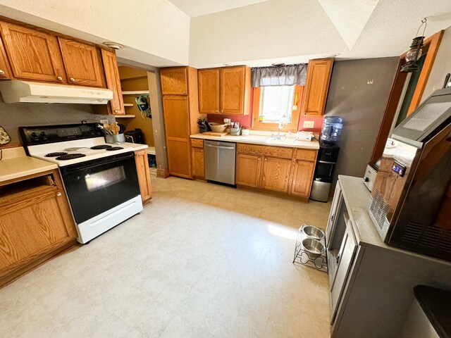 kitchen featuring dishwasher, a textured ceiling, and white range with electric stovetop