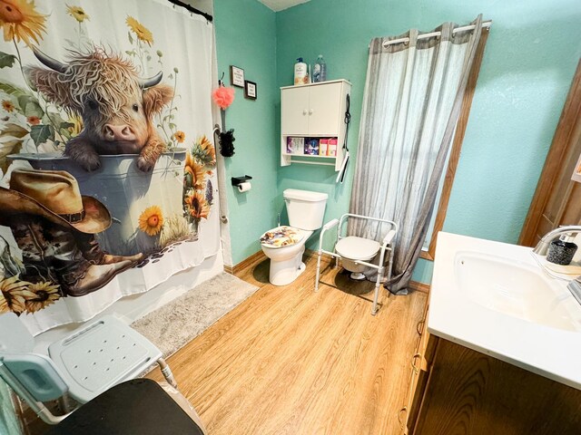 full bathroom with shower / bath combo with shower curtain, vanity, hardwood / wood-style floors, and toilet