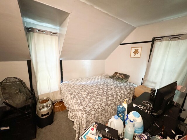 bedroom with carpet floors and vaulted ceiling