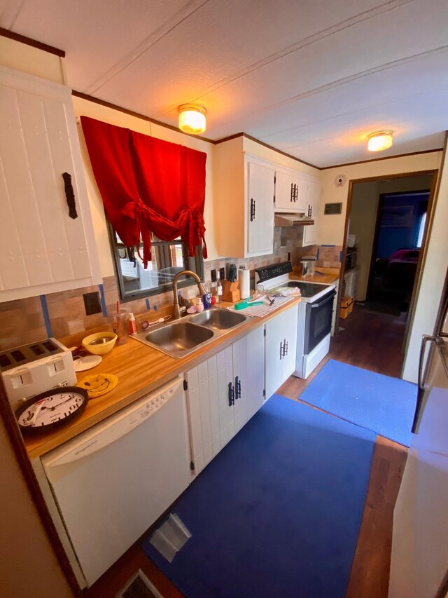 LOT178 28th, Baudette Twp, MN 56623 - kitchen featuring white cabinets, a sink, decorative backsplash, dark wood-type flooring, and electric stove