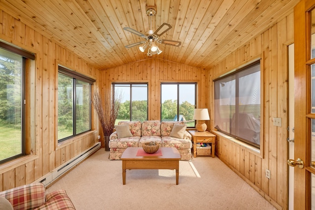 sunroom / solarium with wood walls, lofted ceiling, baseboard heating, wooden ceiling, and carpet floors