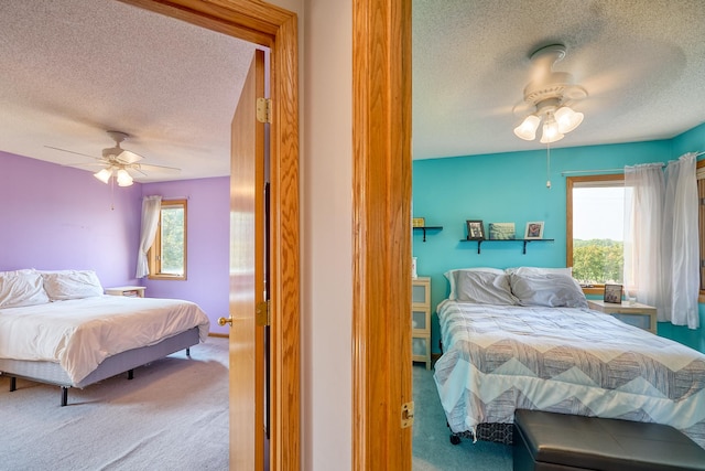 bedroom featuring a textured ceiling, carpet, multiple windows, and a ceiling fan