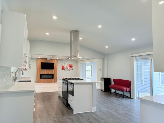 kitchen featuring white cabinetry, ventilation hood, black range with gas cooktop, dark hardwood / wood-style floors, and sink