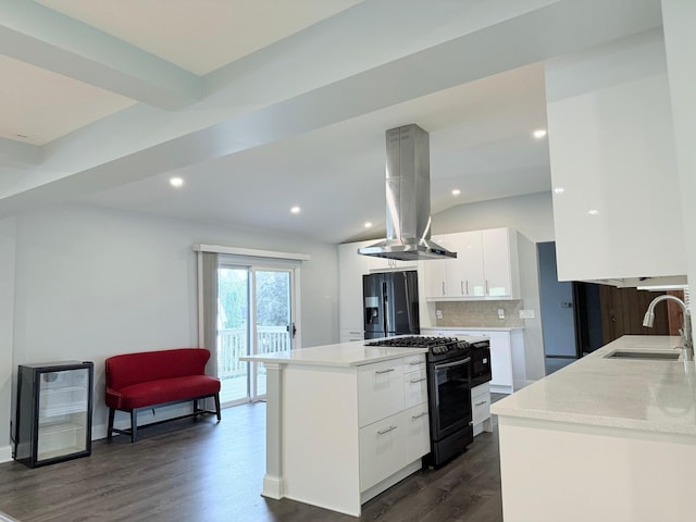 kitchen featuring island range hood, white cabinetry, dark hardwood / wood-style flooring, and black appliances