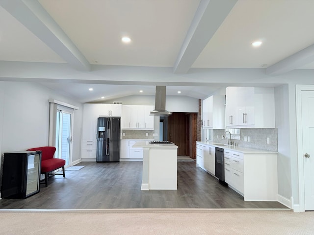 kitchen with refrigerator with ice dispenser, white cabinets, backsplash, and dark hardwood / wood-style floors