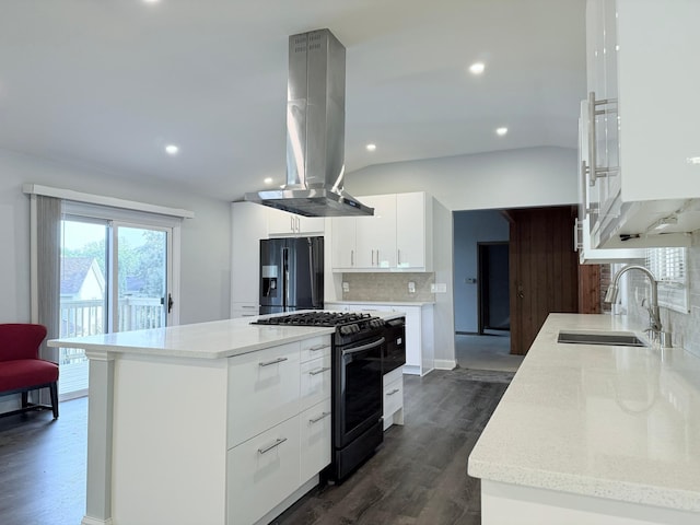 kitchen with sink, island exhaust hood, white cabinetry, black appliances, and dark hardwood / wood-style floors