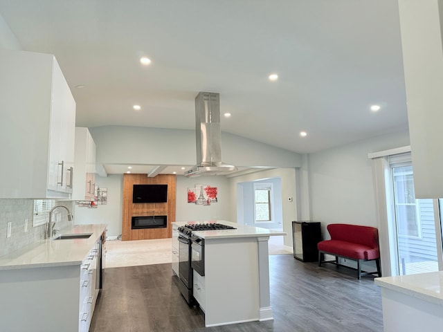 kitchen with white cabinets, sink, dark wood-type flooring, and gas stove