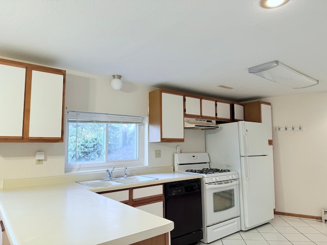 kitchen featuring white appliances, white cabinetry, light tile patterned floors, and sink