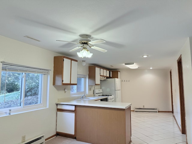 kitchen with white appliances, kitchen peninsula, ceiling fan, a baseboard radiator, and sink