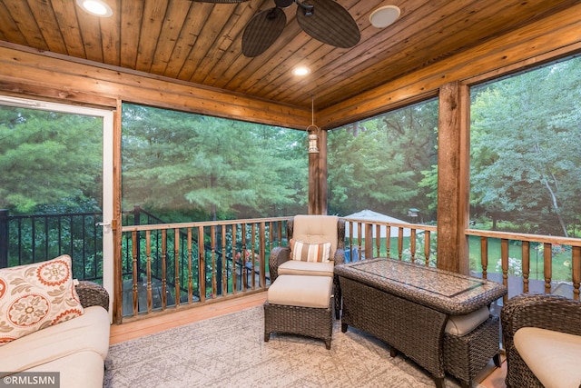 sunroom / solarium featuring wooden ceiling, ceiling fan, and a wealth of natural light