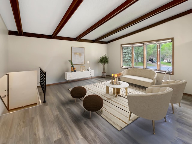 living room featuring wood-type flooring and vaulted ceiling with beams