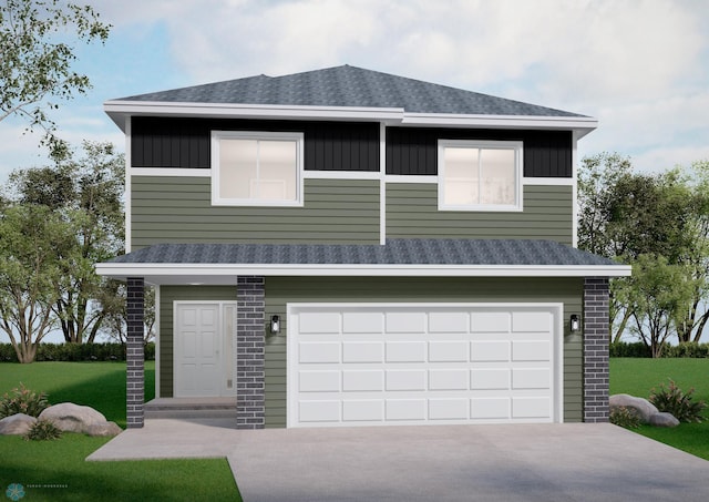 view of front of house with board and batten siding, an attached garage, brick siding, and driveway