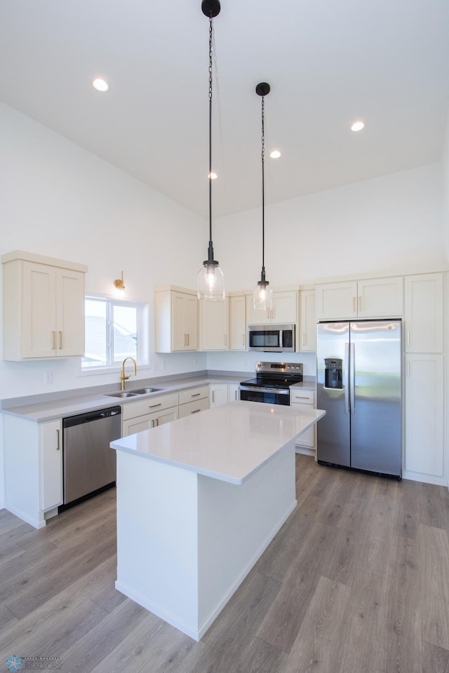 kitchen with a center island, a sink, light countertops, and stainless steel appliances