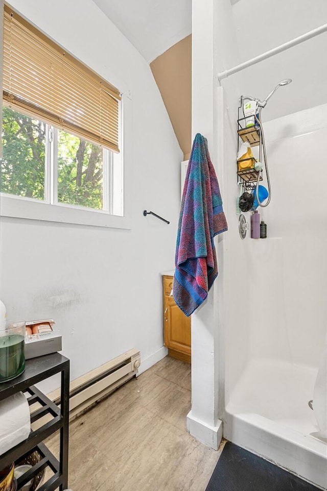 bathroom featuring walk in shower and wood-type flooring