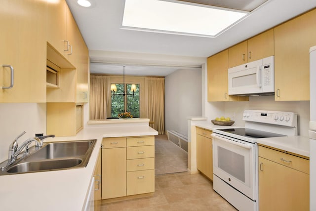 kitchen featuring a chandelier, sink, light brown cabinetry, and white appliances