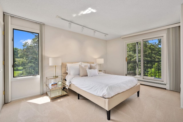 carpeted bedroom featuring rail lighting, multiple windows, a textured ceiling, and a baseboard heating unit