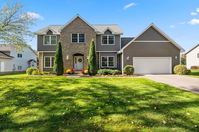 view of front of property with a front lawn, an attached garage, brick siding, and driveway