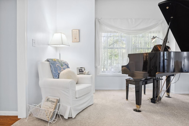 sitting room with baseboards and carpet floors