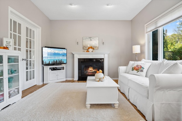 living room featuring a fireplace with flush hearth, light wood-type flooring, and baseboards