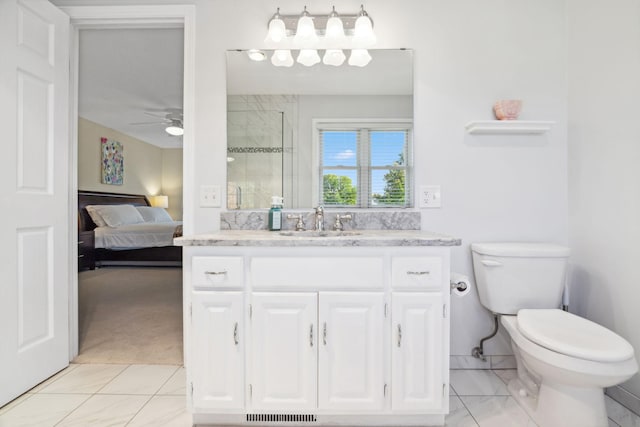 full bathroom featuring connected bathroom, toilet, a tile shower, vanity, and a ceiling fan