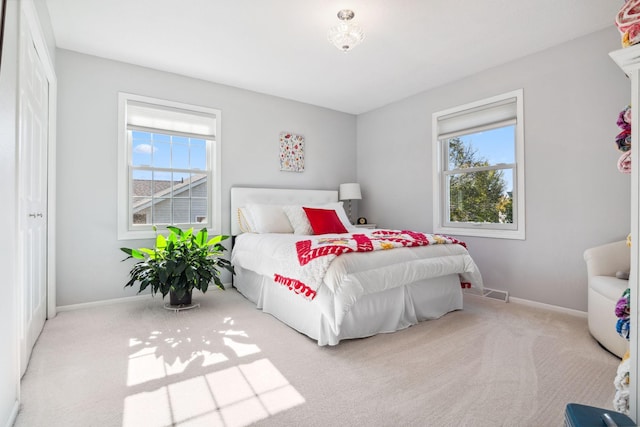 bedroom featuring multiple windows, carpet, and baseboards