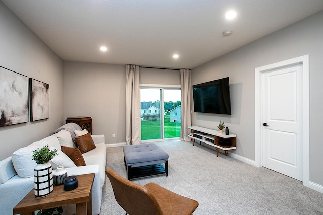 living room with light colored carpet