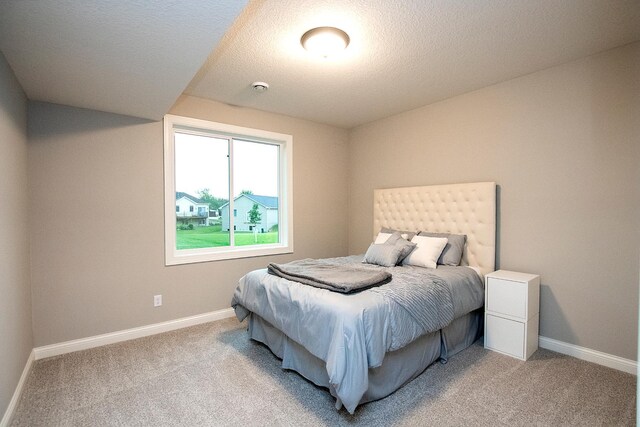 carpeted bedroom with a textured ceiling