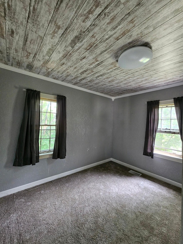 empty room featuring wood ceiling, a healthy amount of sunlight, and carpet floors