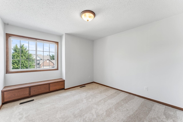 carpeted spare room with a textured ceiling