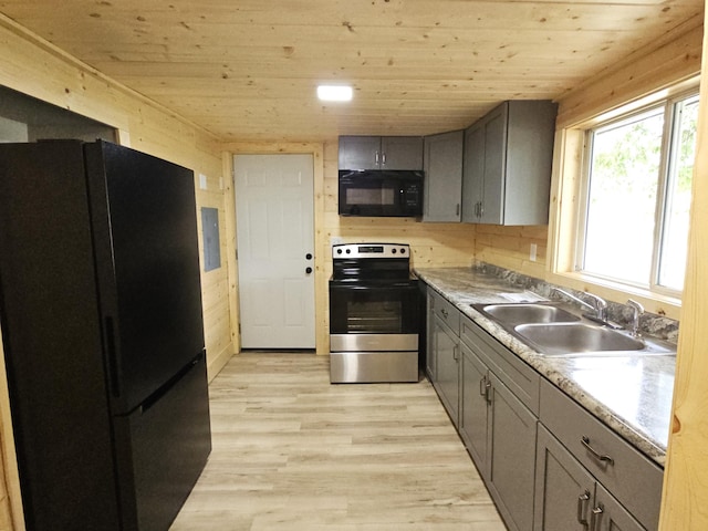 kitchen with wooden walls, sink, black appliances, light hardwood / wood-style flooring, and wooden ceiling