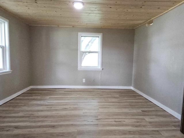 empty room featuring light hardwood / wood-style flooring, a wealth of natural light, and wooden ceiling