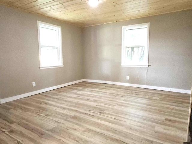 unfurnished room featuring light hardwood / wood-style flooring and wooden ceiling