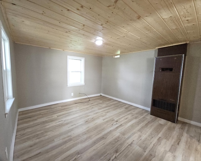 empty room featuring wooden ceiling and light hardwood / wood-style floors