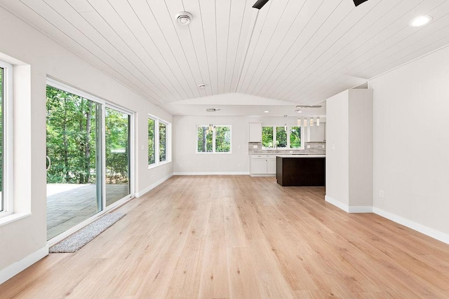 unfurnished living room with lofted ceiling, wood ceiling, an inviting chandelier, sink, and light hardwood / wood-style flooring