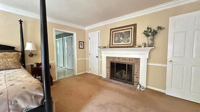 carpeted bedroom with crown molding and a brick fireplace