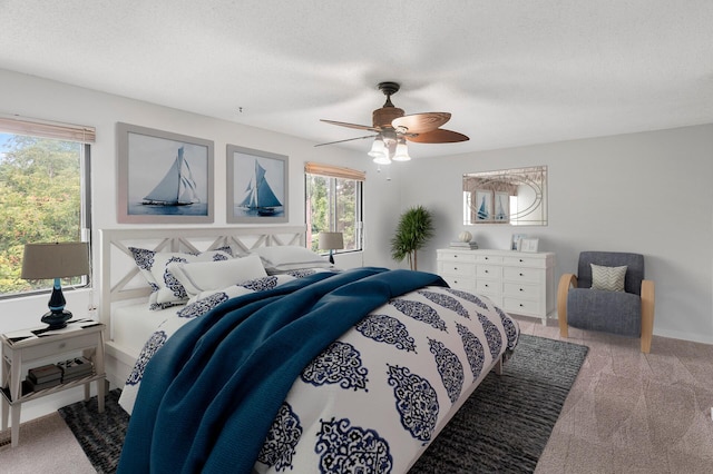 bedroom featuring ceiling fan, a textured ceiling, and multiple windows