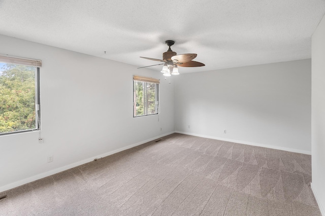 carpeted spare room with ceiling fan, a healthy amount of sunlight, and a textured ceiling