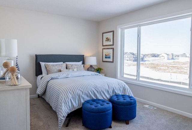 carpeted bedroom with multiple windows, visible vents, and baseboards