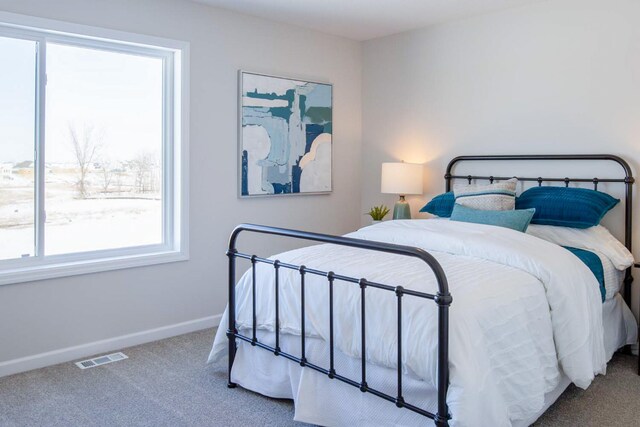 bedroom with carpet floors, visible vents, and baseboards